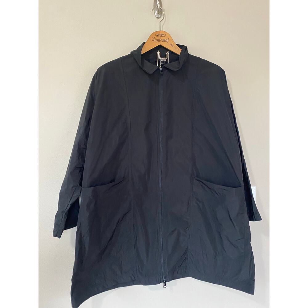 Sun Kim Black Nylon Zip Oversized Jacket Lagenlook Rain Jacket Womens XS #ME101